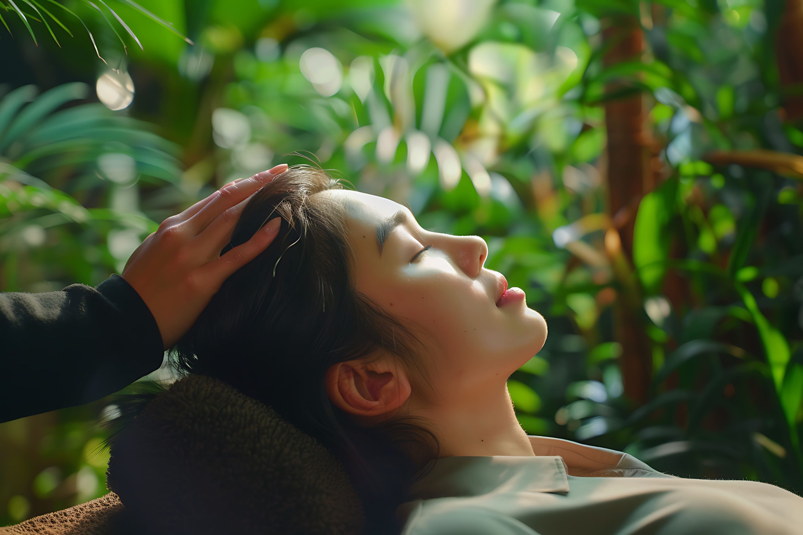 Relaxing woman receiving head massage in lush green environment.