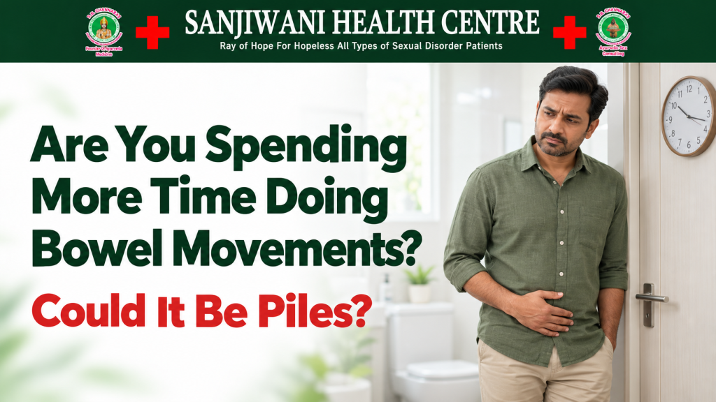 Man experiencing discomfort, possibly due to piles or bowel issues.